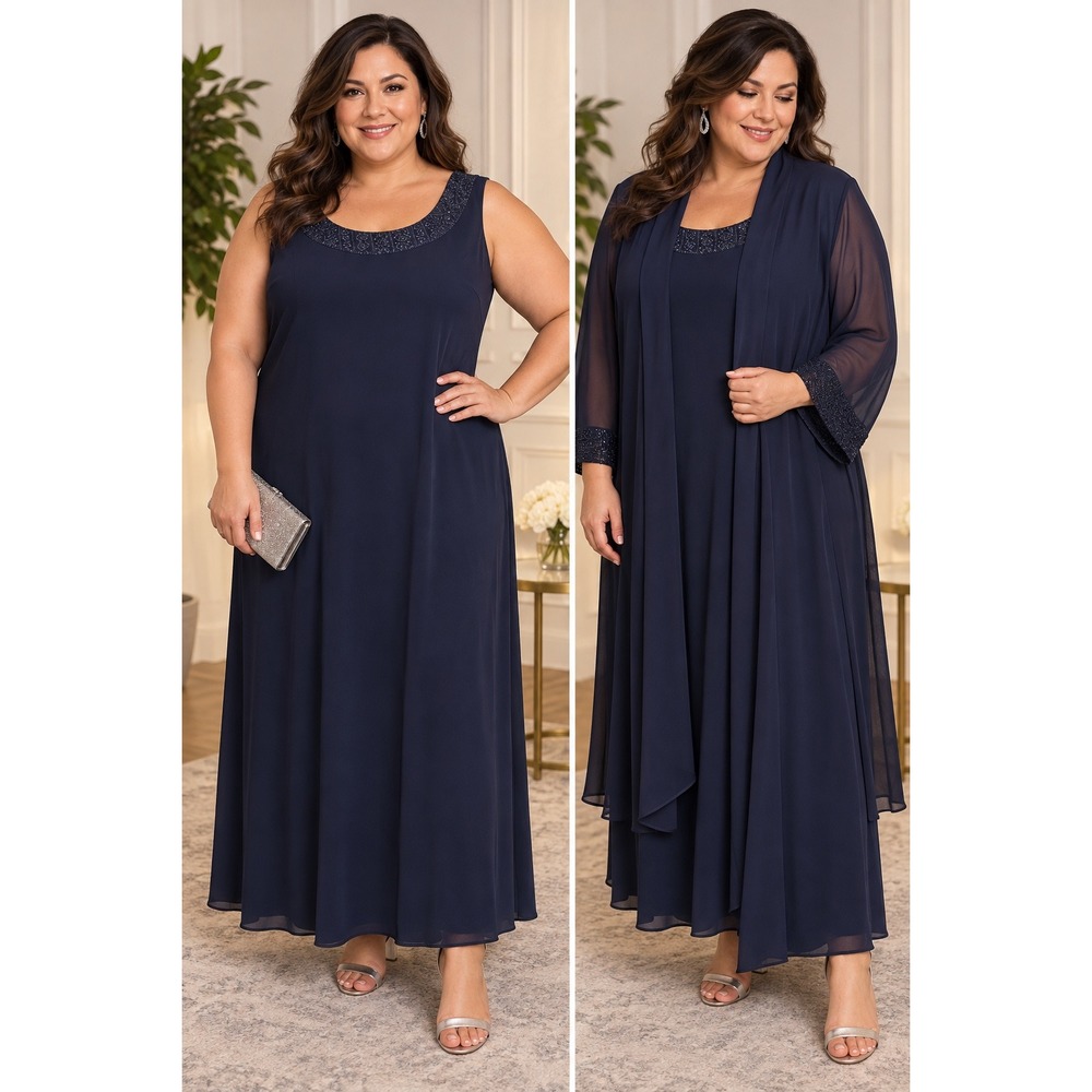 R&M Richards Navy Blue Lace Sequin Maxi Dress Jacket Set 20W Mother of the Bride